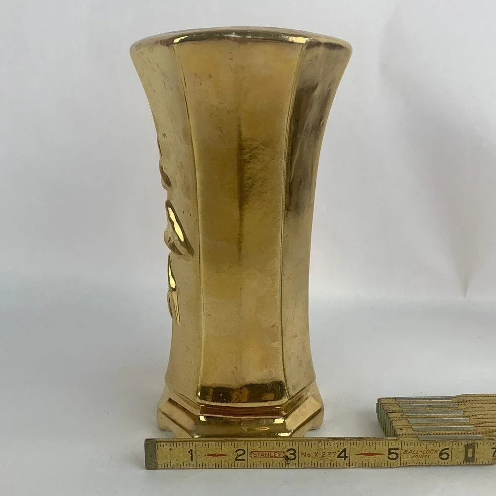 Vintage Gold Glaze Vase MCM Decor Ivy Leaf Flowers Wedding Holiday Metallic